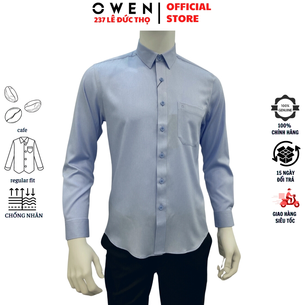 Áo sơ mi nam OWEN AR230602DT somi dài tay công sở melange xanh nhạt form regular fit tà lượn có túi chất café cao cấp