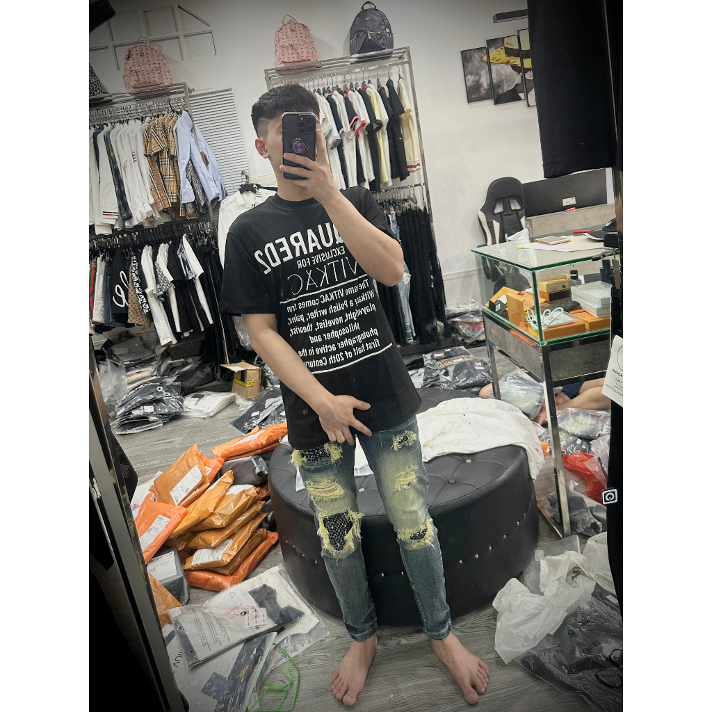 Quần JEAN Đính Đá Xanh Rêu Phối Loang Vàng, Quần bò nam đính đá bản rách xước tua vàng xanh mài