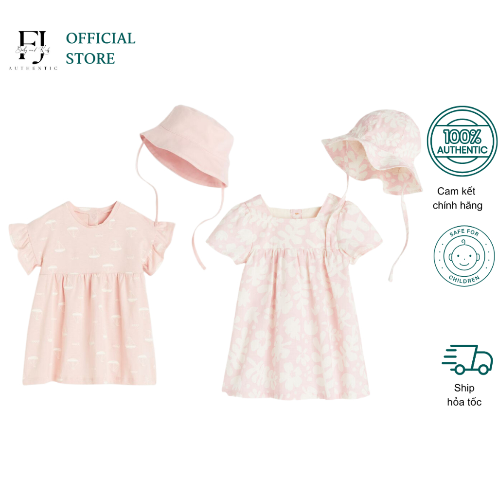 Váy hồng họa tiết kèm mũ vành bé gái HM đầm ngắn tay chất liệu cotton chính hãng cho bé 6 tháng đến 4 tuổi