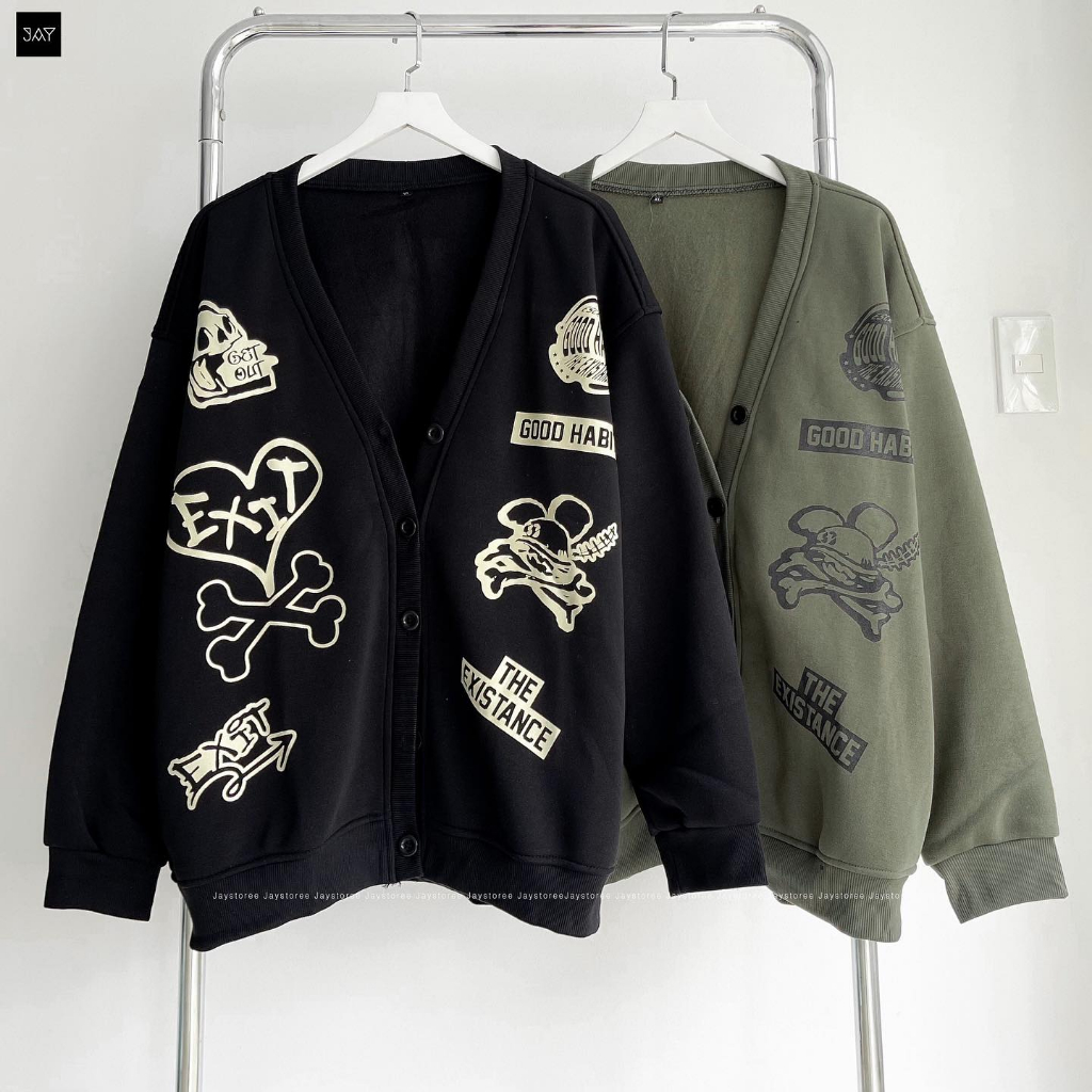 Áo Cardigan EXIT in Hoạ Tiết GOOD HABITS Có Túi 2 Bên Form Rộng Phong Cách Ulzzang Unisex MÀU ĐEN/RÊU 🖤 - JAYSTOREE2