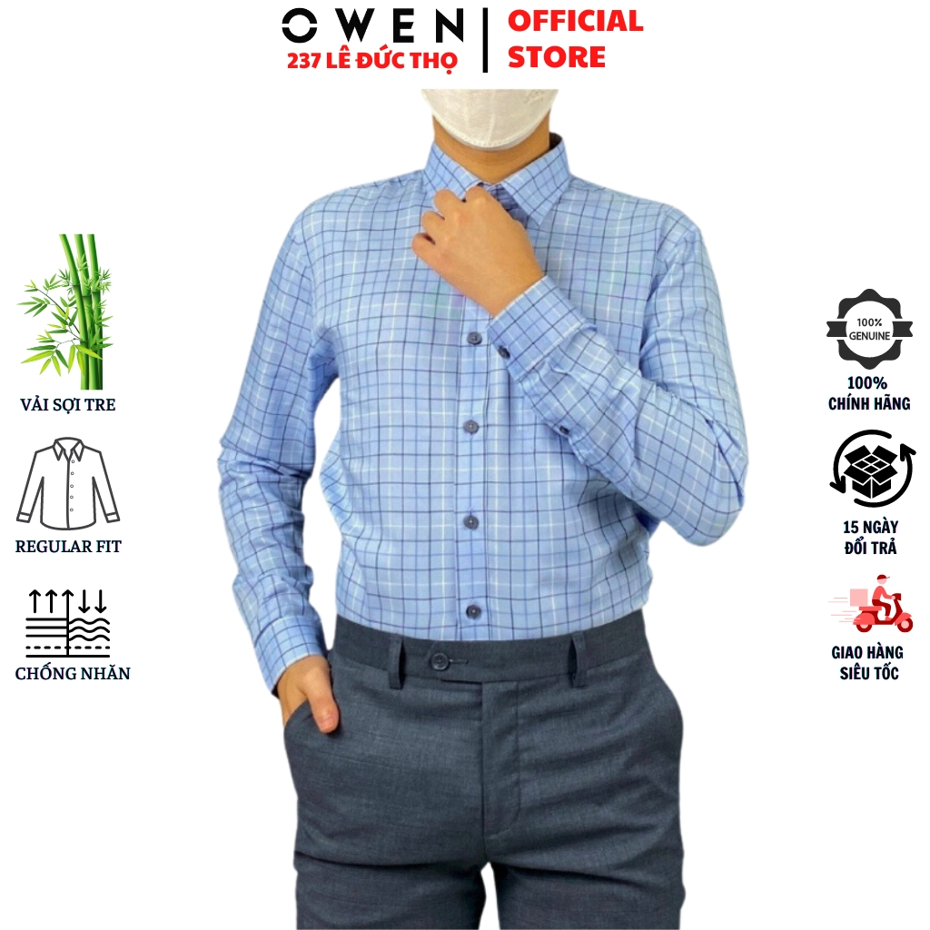 Áo sơ mi nam OWEN AR221073DT somi dài tay công sở xanh kẻ caro đen form regular fit tà lượn có túi chất sợi tre cao cấp