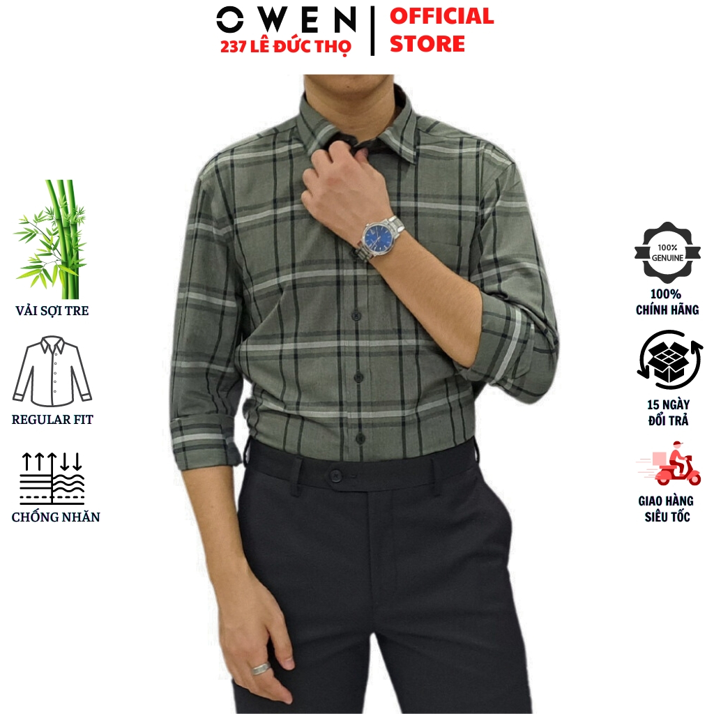 Áo sơ mi nam OWEN AR220906DT somi dài tay công sở kẻ xanh lớn rêu đen regular fit tà lượn có túi chất sợi tre cao cấp