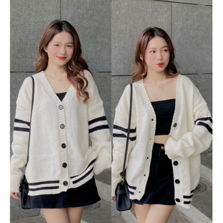 Áo len cardigan màu be cài cúc viền sọc nổi bật CDGlenvachtay9916 P7K1