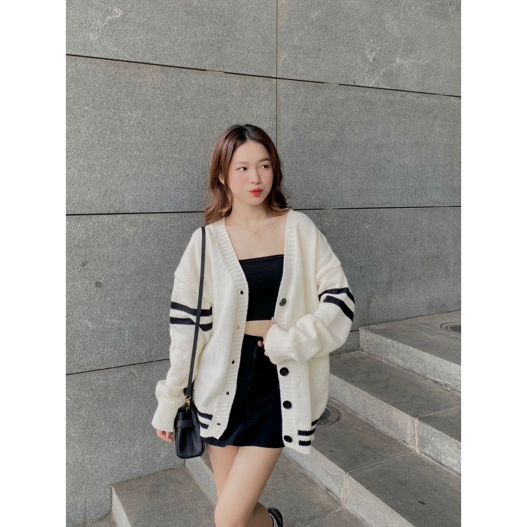 Áo len cardigan màu be cài cúc viền sọc nổi bật CDGlenvachtay9916 P7K1