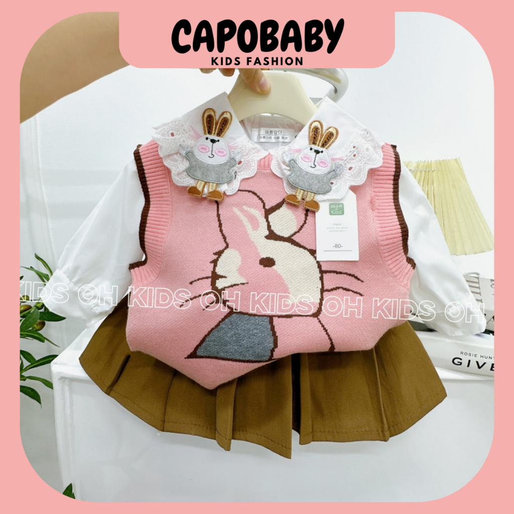 Set váy  gile lencó 3 chi tiết, áo sơ mi, áo gile len, chân váy phong cách Hàn Quốc đi chơi, sự kiện cho bé gái từ 920kg