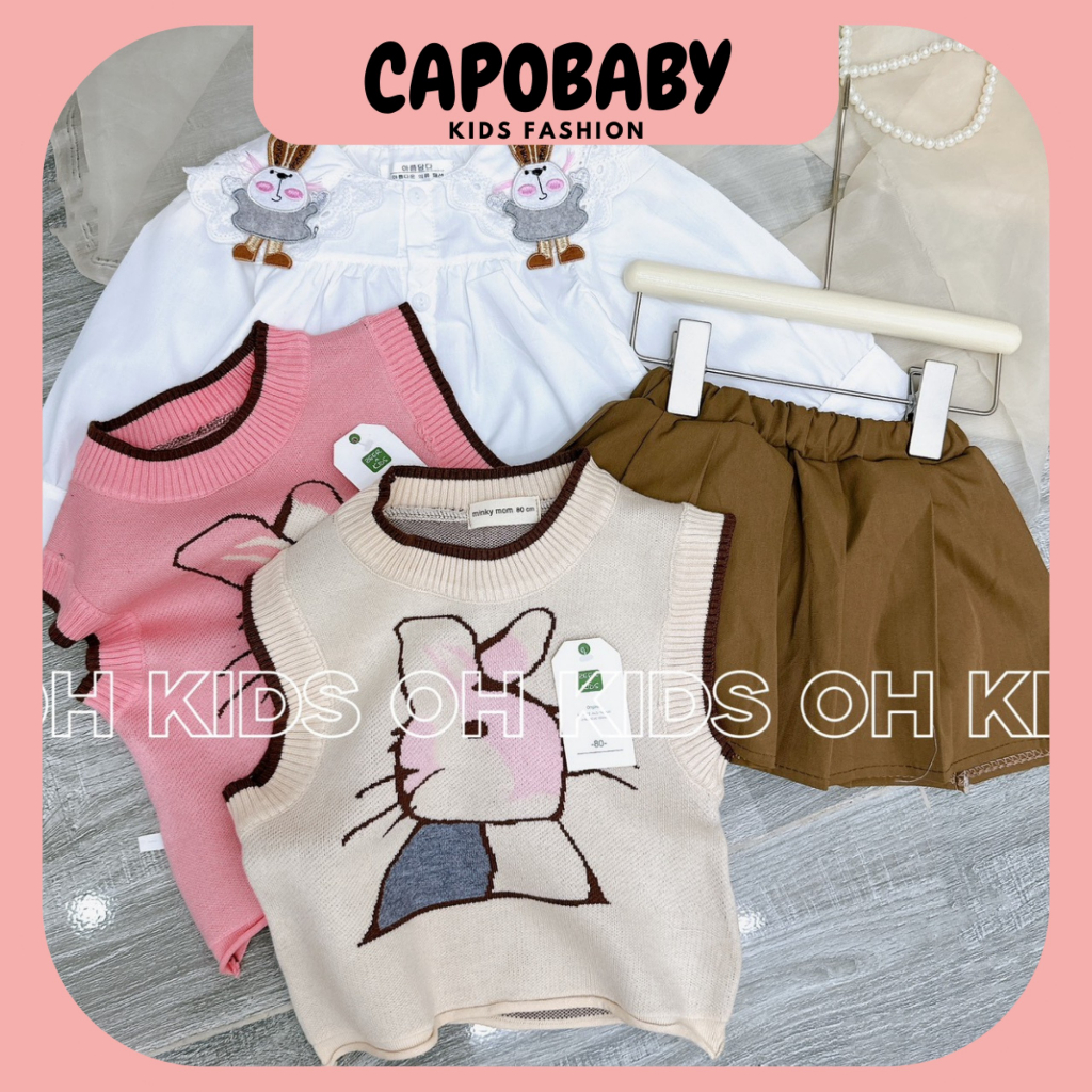 Set váy  gile lencó 3 chi tiết, áo sơ mi, áo gile len, chân váy phong cách Hàn Quốc đi chơi, sự kiện cho bé gái từ 920kg