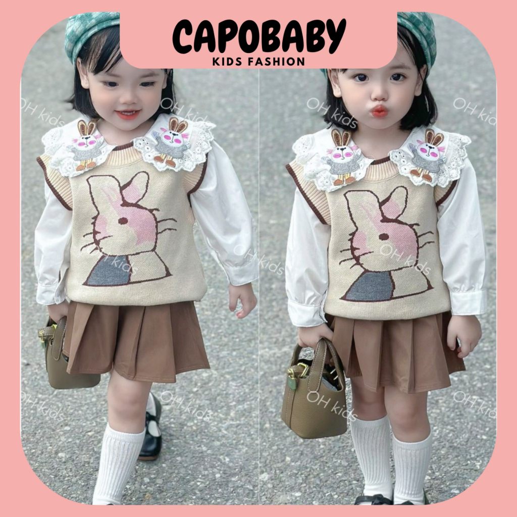 Set váy  gile lencó 3 chi tiết, áo sơ mi, áo gile len, chân váy phong cách Hàn Quốc đi chơi, sự kiện cho bé gái từ 920kg