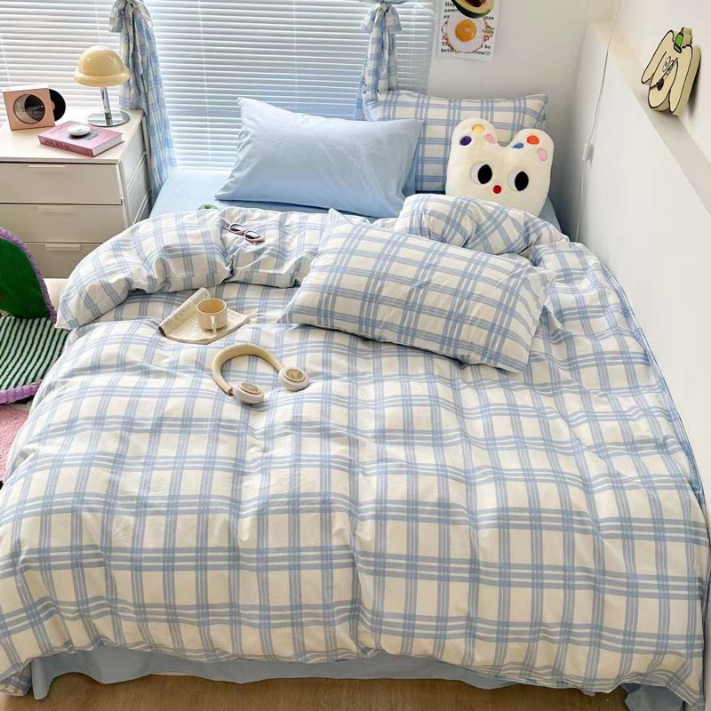 Set chăn ga cotton living kẻ phối