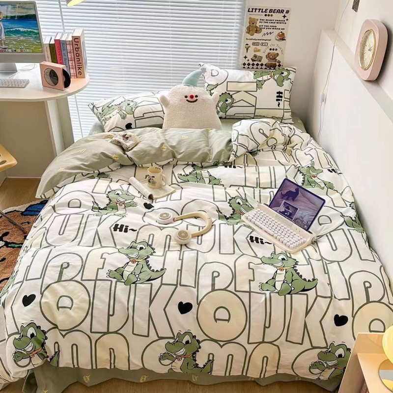 Set chăn ga 4 món cotton hoạt hình hoạ tiết dễ thương cho bé