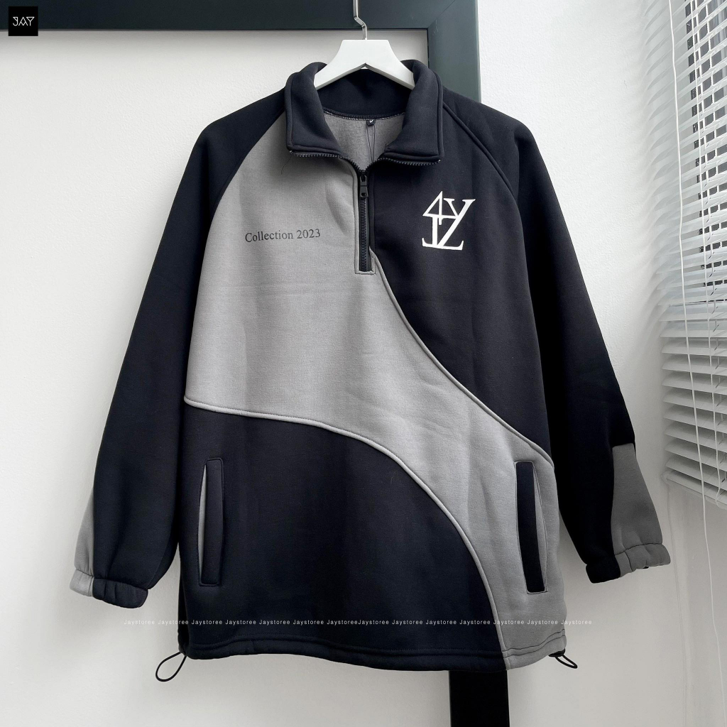 Áo Khoác Sweater nỉ phối Zip 4TYZ phối màu lạ mắt ĐEN/XÁM form rộng 🖤 Nam nữ unisex 🖤 Sweater JEJUL