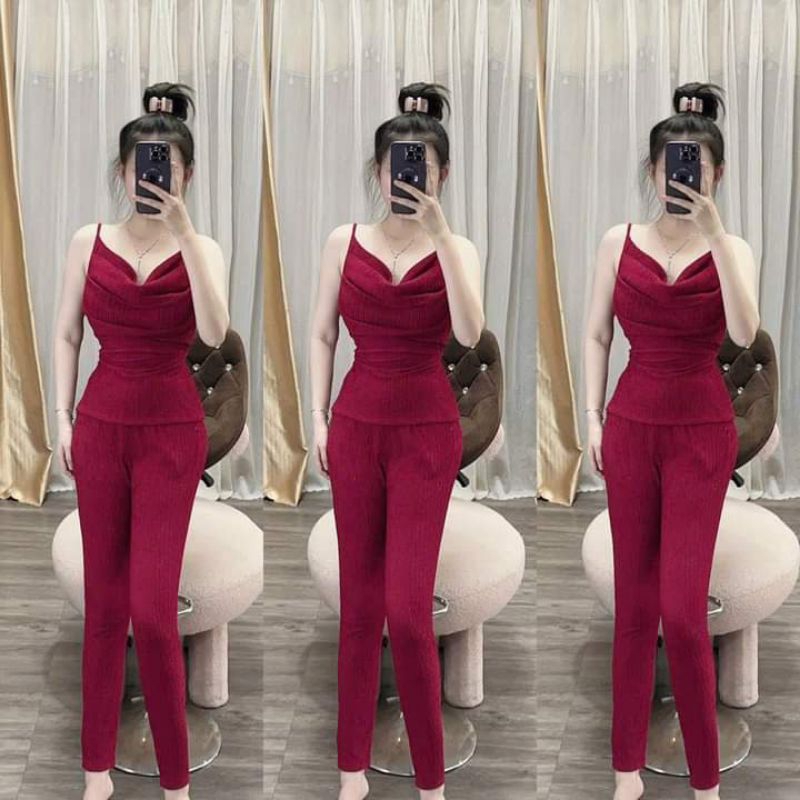 đồ bộ nữ/bộ xốp nhật áo 2 dây cổ đỗ mix quần dài