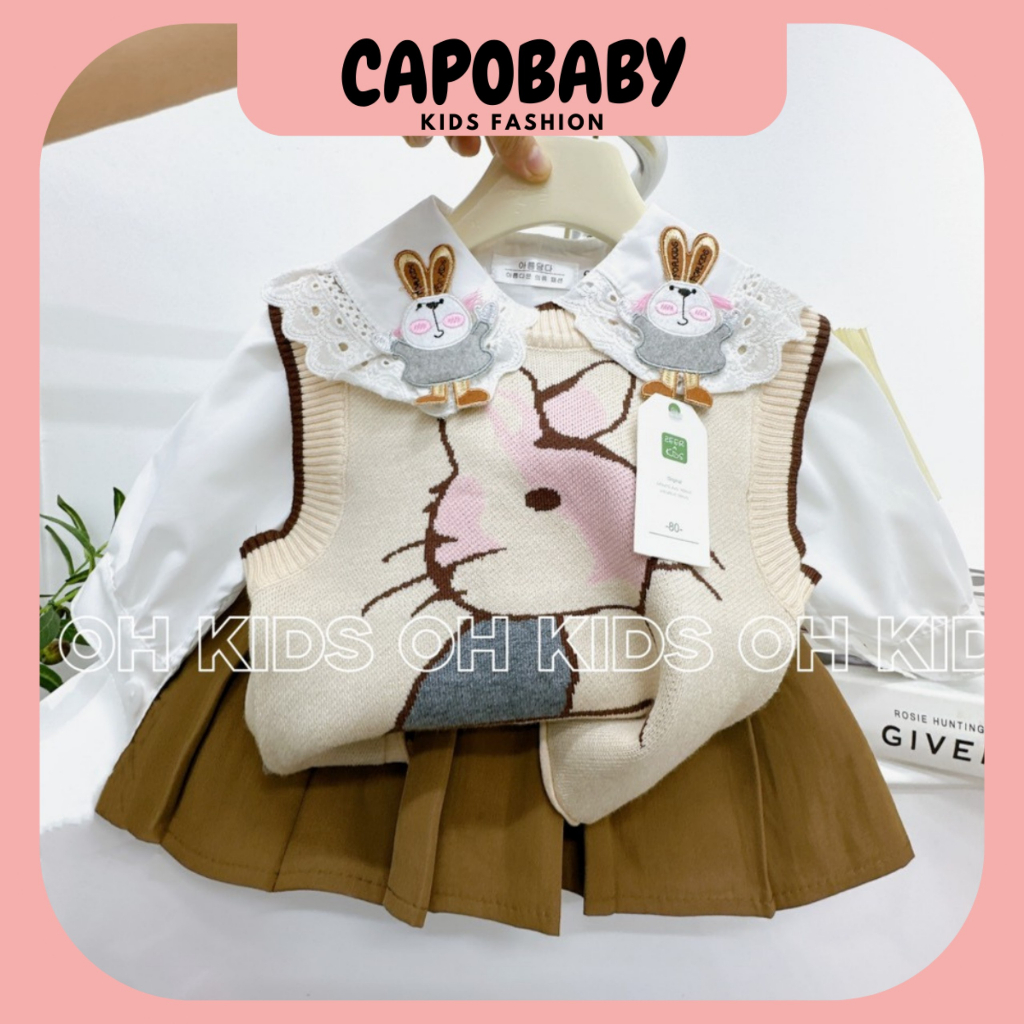 Set váy  gile lencó 3 chi tiết, áo sơ mi, áo gile len, chân váy phong cách Hàn Quốc đi chơi, sự kiện cho bé gái từ 920kg