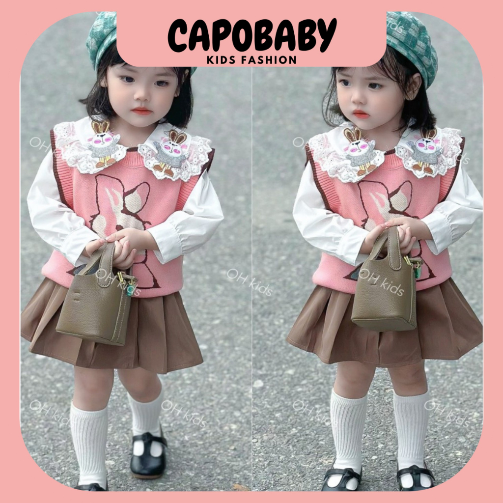 Set váy  gile lencó 3 chi tiết, áo sơ mi, áo gile len, chân váy phong cách Hàn Quốc đi chơi, sự kiện cho bé gái từ 920kg