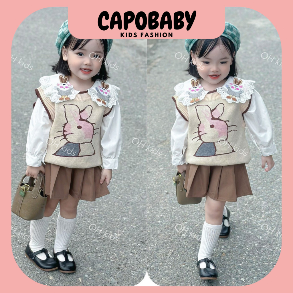 Set váy  gile lencó 3 chi tiết, áo sơ mi, áo gile len, chân váy phong cách Hàn Quốc đi chơi, sự kiện cho bé gái từ 920kg