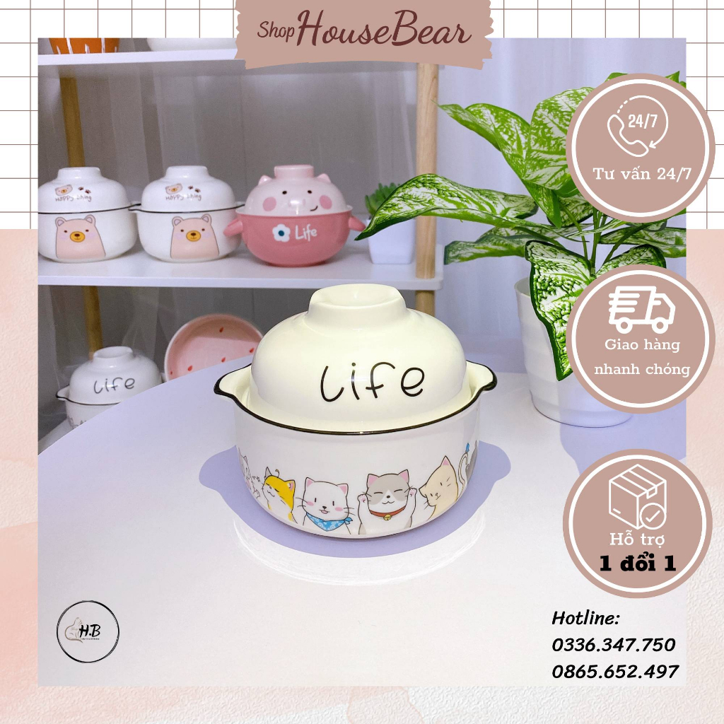 Bộ tô ăn mì nhiều chú mèo tinh nghịch, bát sứ úp mì có nắp đậy và quai cầm hoạ tiết mèo dễ thương