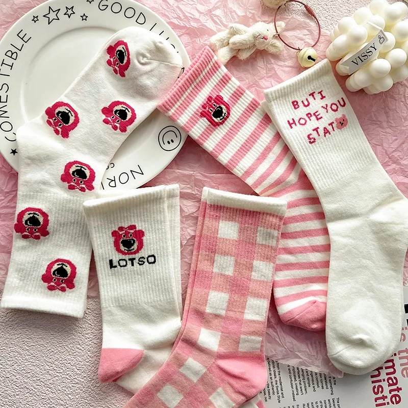 Set 5 đôi Tất nữ cổ cao hoạ tiết hình gấu lotso hồng dễ thương chất liệu co giãn