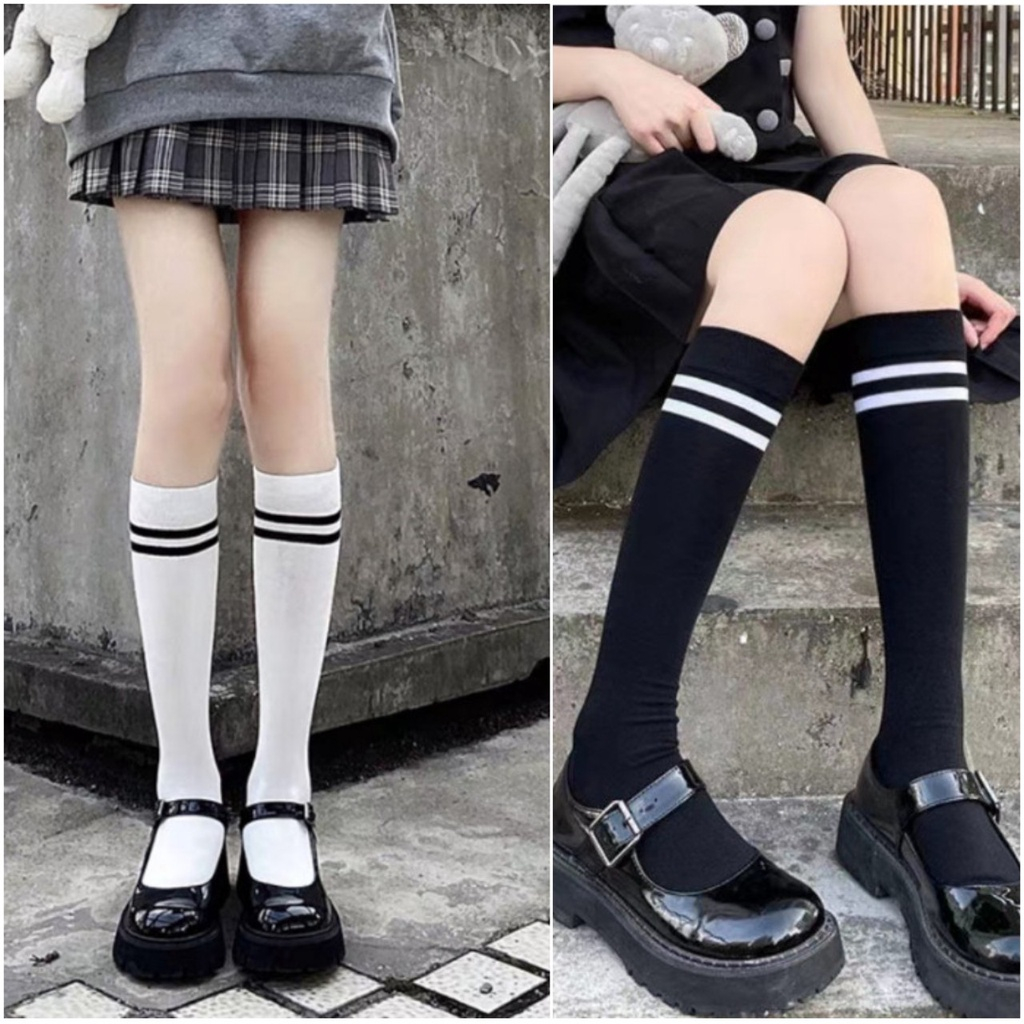 Tất đùi học sinh đen sọc trắng, Vớ hàn quốc phong cách siêu style lolita - Vớ cosplay nữ sexy sọc kẻ đến đầu gối