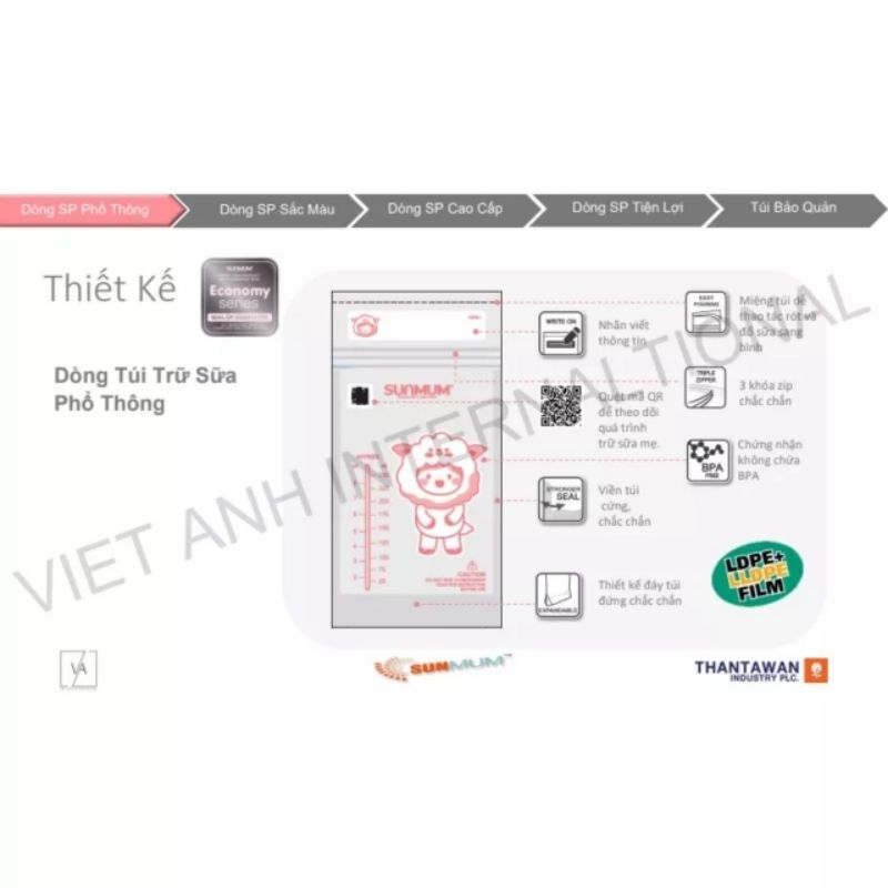 Hộp 50 Túi Trữ Sữa Sunmum 100ml, 150ml,  250ml Thái Lan