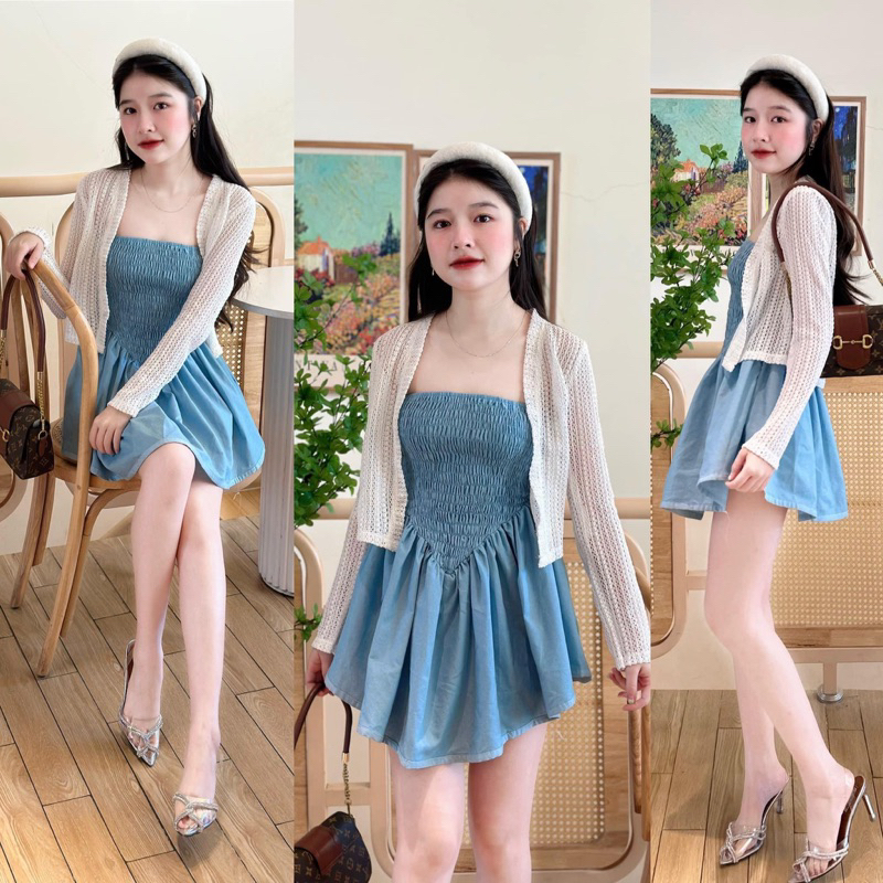 SET ĐẦM ỐNG XANH NHÚN CHỈ XOÈ KÈM KHOÁC CROP TRẮNG