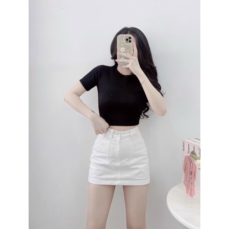 Áo thun crotop tay ngắn vải gân nhí mát lạnh