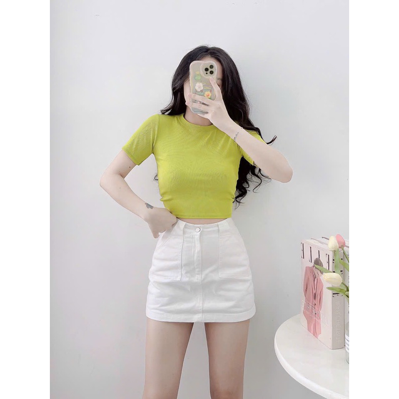 Áo thun crotop tay ngắn vải gân nhí mát lạnh