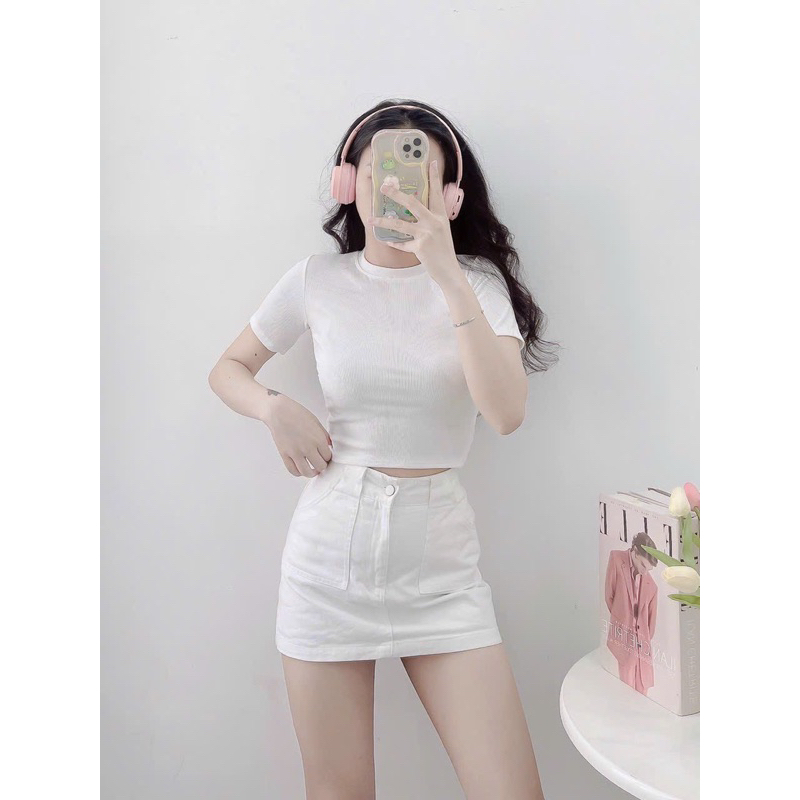 Áo thun crotop tay ngắn vải gân nhí mát lạnh