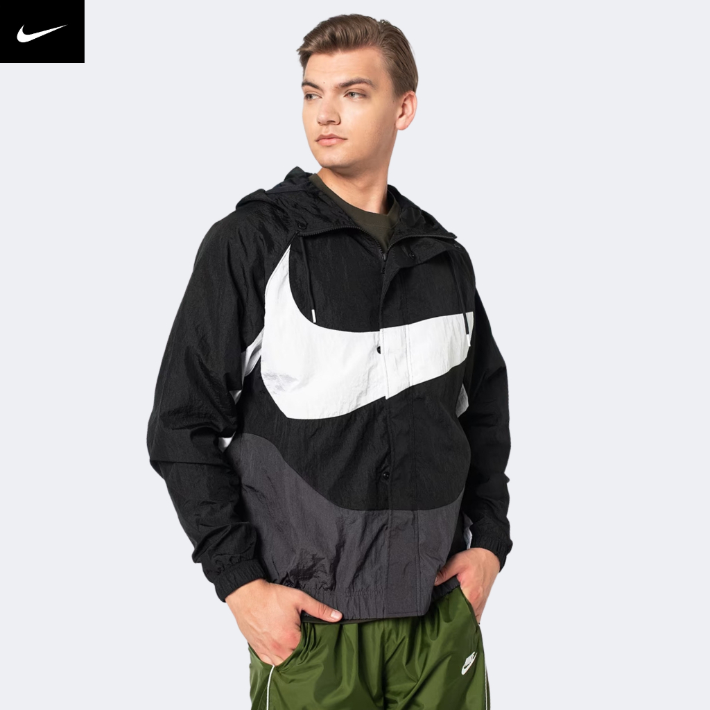 Áo khoác thể thao nam nữ N.ike Sportswear Swoosh Woven Lined Jacket - Đen / Xám ghi / Trắng