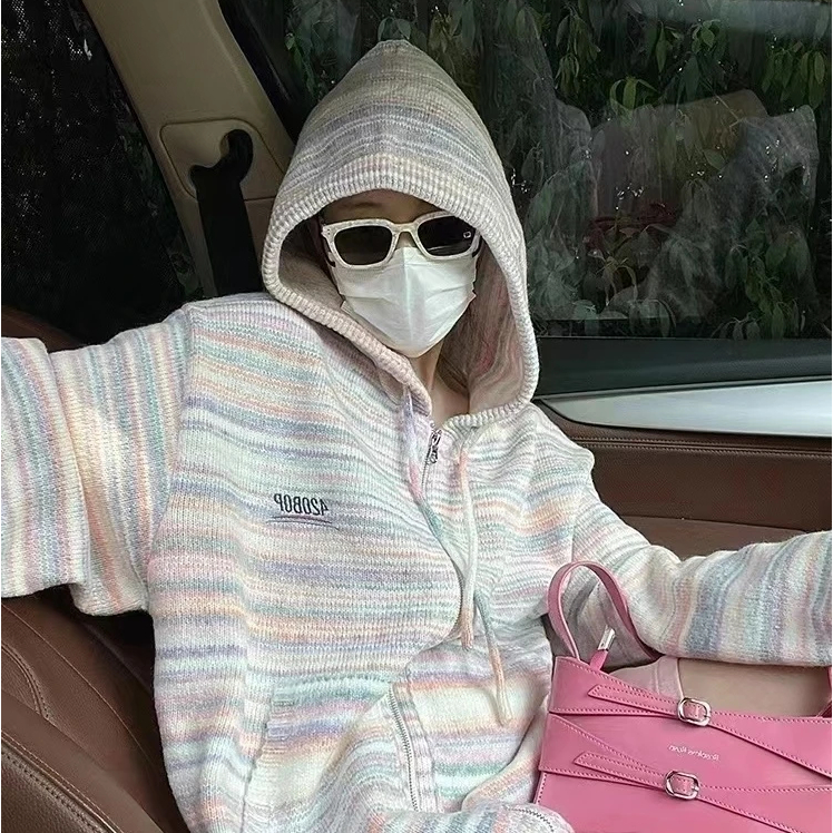 Áo len cardigan hoodie có mũ khoá kéo sọc ngang nhiều màu tươi thêu logo hiphop thu đông đường phố