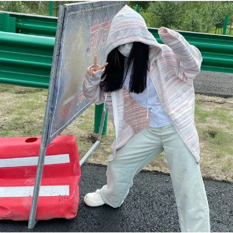 Áo len cardigan hoodie có mũ khoá kéo sọc ngang nhiều màu tươi thêu logo hiphop thu đông đường phố