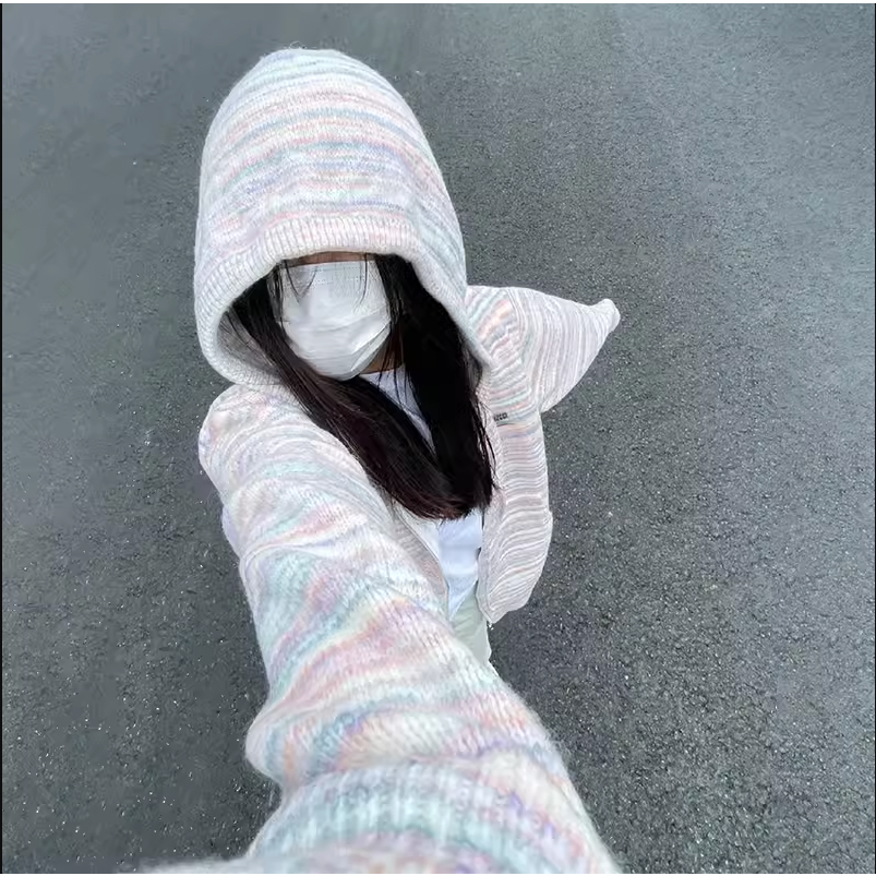 Áo len cardigan hoodie có mũ khoá kéo sọc ngang nhiều màu tươi thêu logo hiphop thu đông đường phố