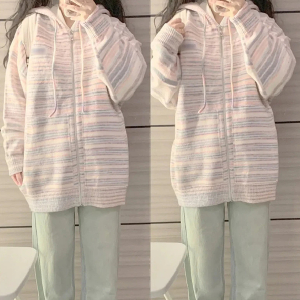 Áo len cardigan hoodie có mũ khoá kéo sọc ngang nhiều màu tươi thêu logo hiphop thu đông đường phố