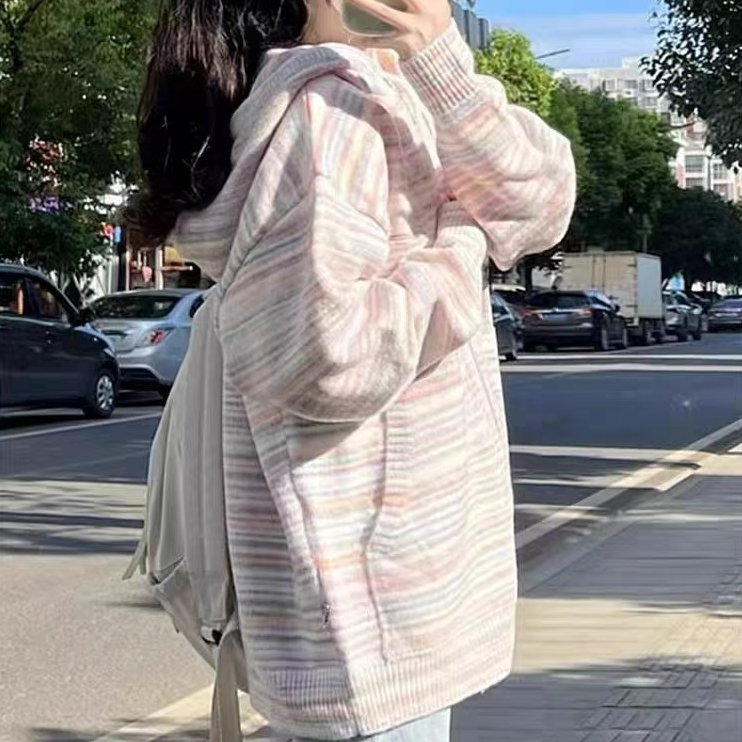 Áo len cardigan hoodie có mũ khoá kéo sọc ngang nhiều màu tươi thêu logo hiphop thu đông đường phố