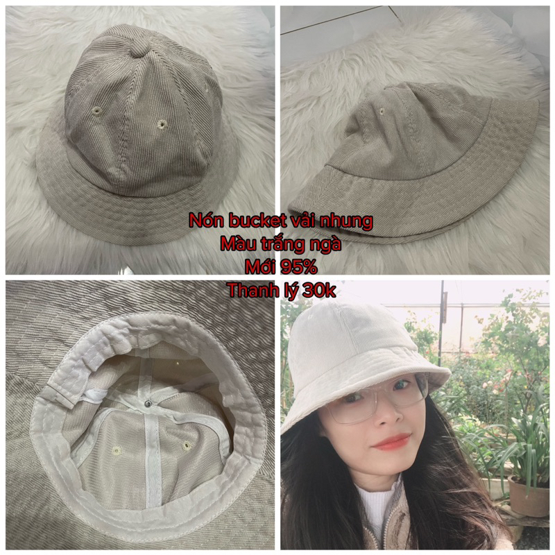Pass nón bucket vải nhung màu trắng ngà