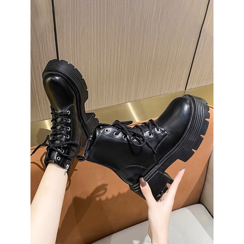 Bốt martin nữ cổ ngắn buộc dây đế dày cao 7cm có khoá sườn