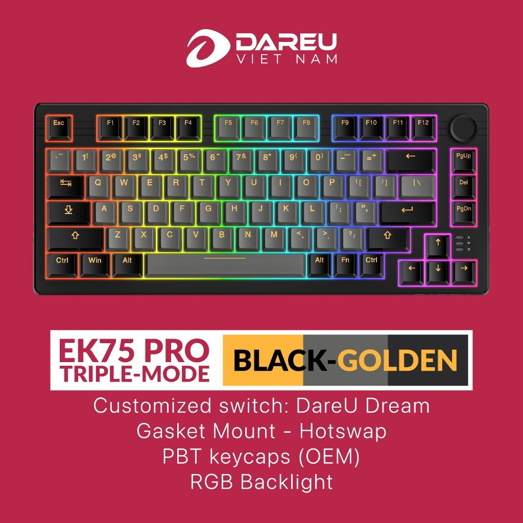 Bàn phím cơ Dareu EK75 Pro Black Gold / EK75 Black White / Led RGB / Kết nối 3 modes / dây type-C dài 1.8m | BigBuy360 - bigbuy360.vn