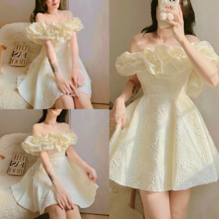  Váy trễ vai viền bèo phồng chất gấm xốp màu be Đầm dự tiệc hở vai dáng xoè bồng tiểu thư đi chơi đám cưới hàn quốc 