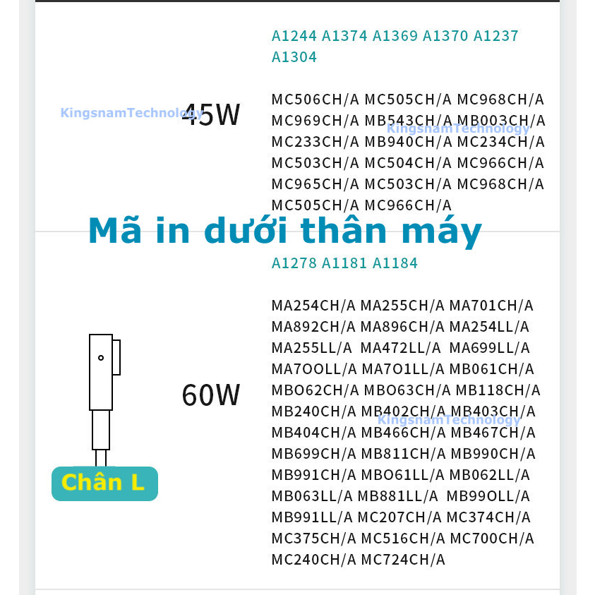 Sạc máy tính pro / Air 45w 60w 85w từ 2008 2009 2010 2011 2012 2013 2014 2015 2016 2017