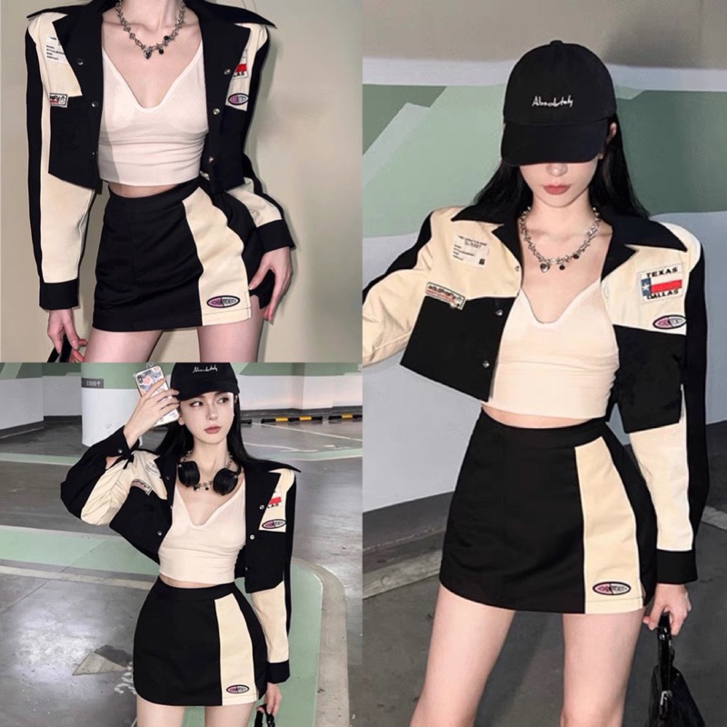 Sét áo kaki croptop cổ bẻ thêu logo kèm chân váy xoè chữ A cạp cao phối màu đen be, áo sơ mi nữ ulzzang hàn quốc