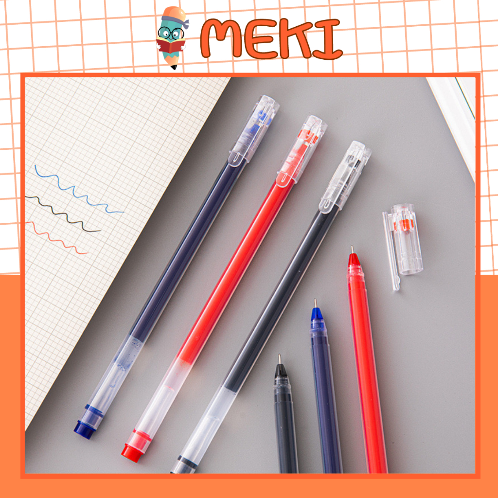Bút Gel Ngòi 0.5mm Vỏ Trong Suốt Màu Đen Đỏ Xanh , Bút Mực Gel Dung Tích Mực Lớn Văn Phòng Phẩm MEKI