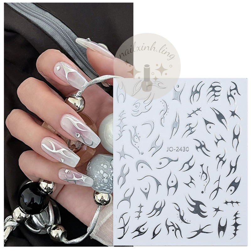 Miếng Dán Móng Sticker Hình Bướm, Ngọn Lửa, Dải Lụa, Mặt Trăng Trắng Đen Trang Trí Móng, Phụ Kiện Nail
