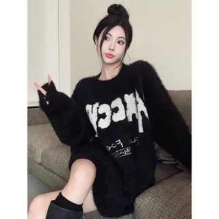 Áo Len Lông Thỏ Chữ Thêu Dày Dặn Dáng Rộng. Phong Cách Retro Dành Cho Nữ (Ảnh thật phía sau)