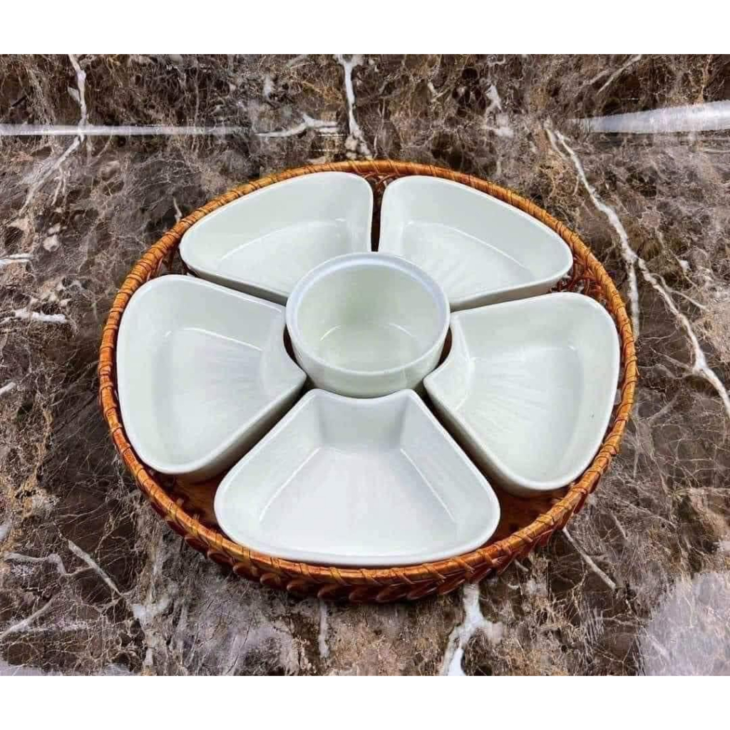 BỘ 5 ĐĨA HOA ĐÀO KÈM KHAY MÂY