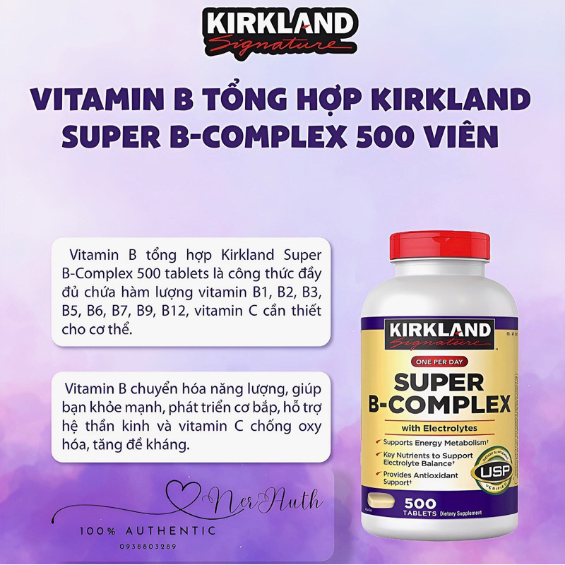 Vitamin B tổng hợp Super B-Complex Kirkland 500 viên 🇺🇸 Air Mỹ Date Mới