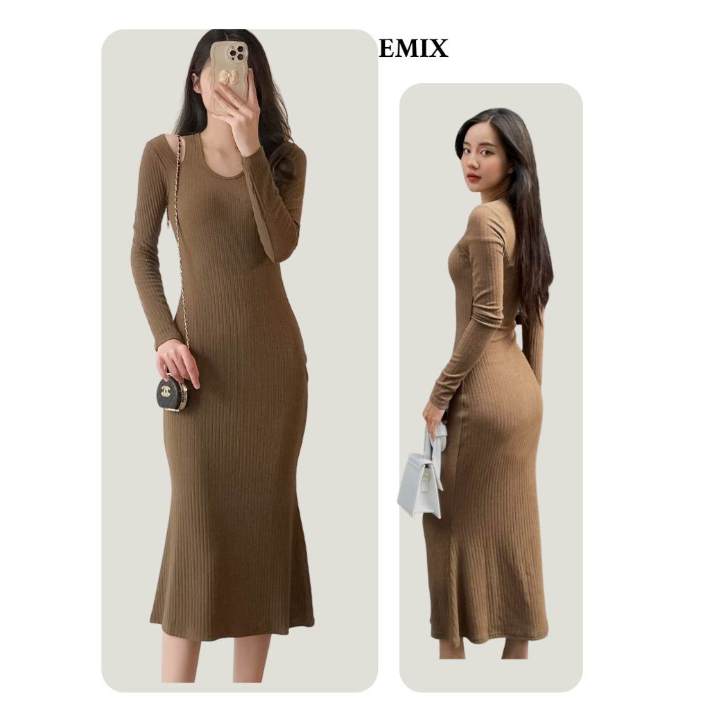 ( Ảnh thật ) Váy Đầm len mỏng body hàng thiết kế EMIX dáng dài đuôi cá hở vai Vayduoicahovai/P13K27