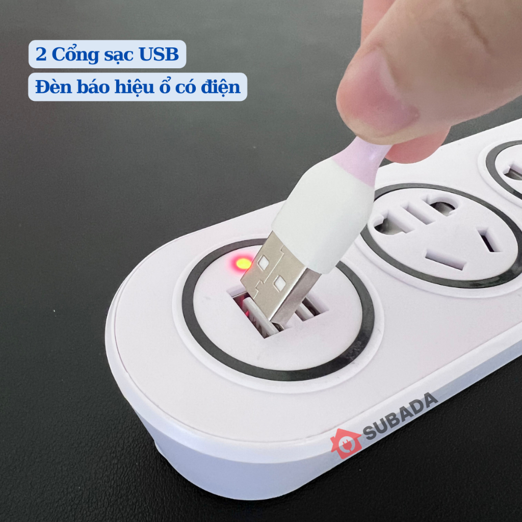 Ổ cắm điện đa năng thông minh SuBaDa 2 cổng USB 5v2a sạc nhanh chịu tải 2500W chống giật đế quấn dây công tắc nguồn OD07