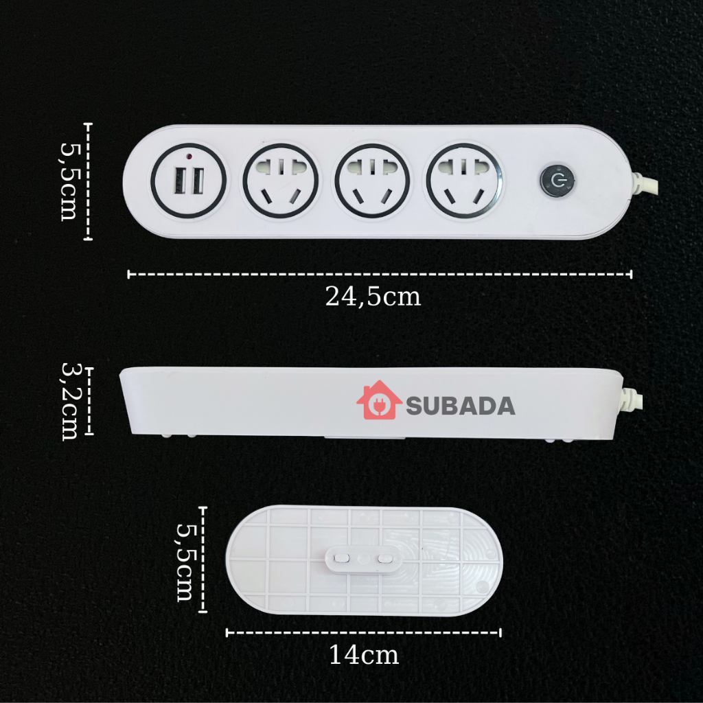 Ổ cắm điện đa năng thông minh SuBaDa 2 cổng USB 5v2a sạc nhanh chịu tải 2500W chống giật đế quấn dây công tắc nguồn OD07