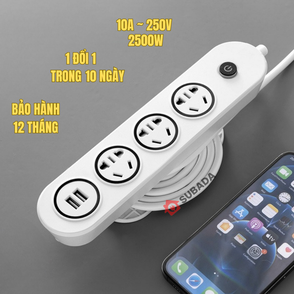 Ổ cắm điện đa năng thông minh SuBaDa 2 cổng USB 5v2a sạc nhanh chịu tải 2500W chống giật đế quấn dây công tắc nguồn OD07