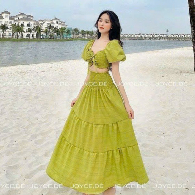 Đầm maxi đi biển dáng xòe tầng tay phồng bo chun ngực mặc được hai kiểu cực xinh thời trang nữ đầm sexy