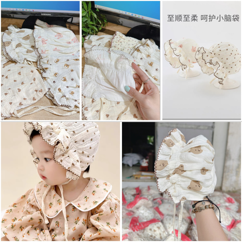 Mũ tai bèo xô muslin hoạ tiết dễ thương cho bé