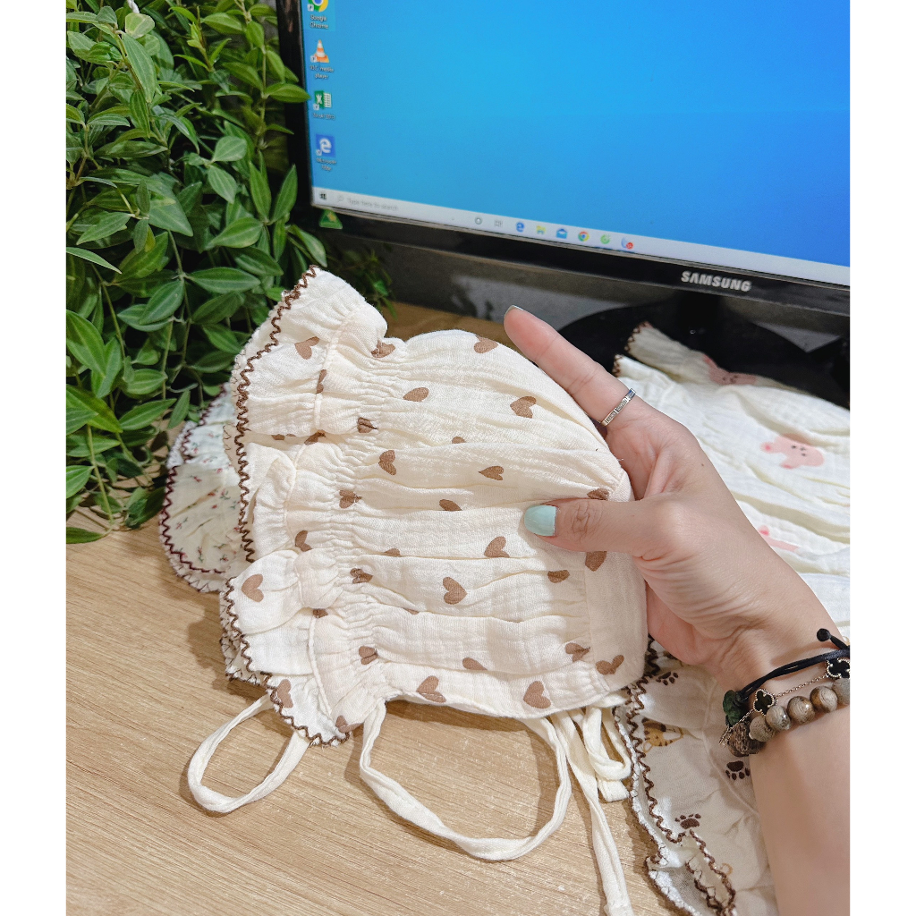 Mũ tai bèo xô muslin hoạ tiết dễ thương cho bé